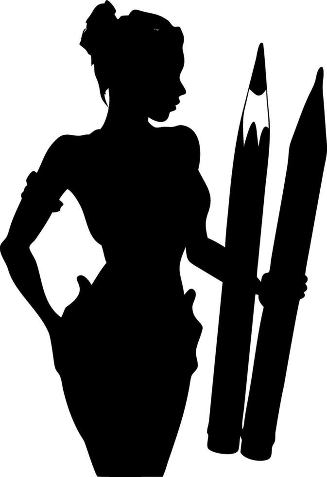 Silhouette Woman Holding Giant Pencil Art Illustration Creative Design vector