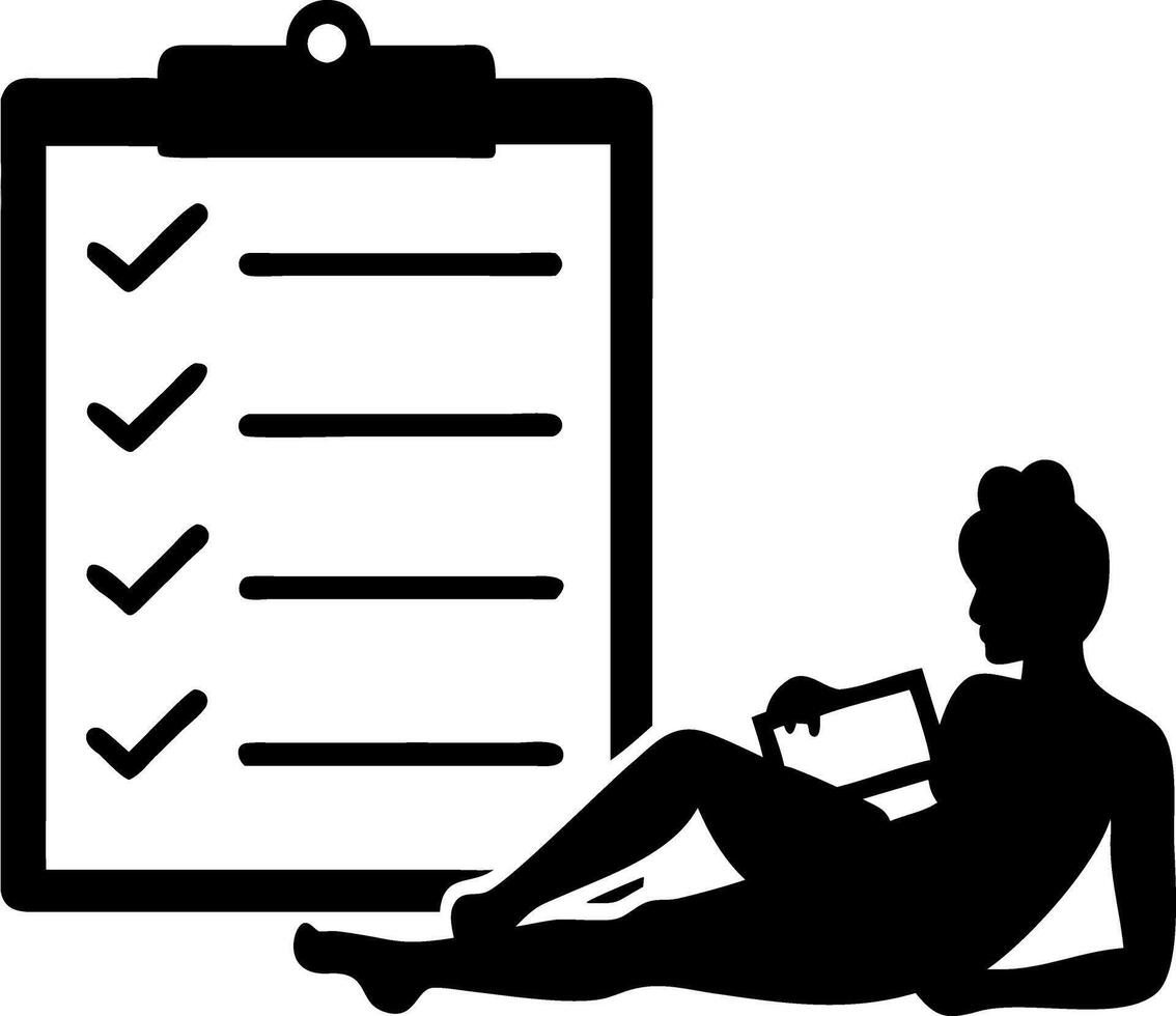 Silhouette Woman Reading by Checklist Clipboard Art Illustration vector