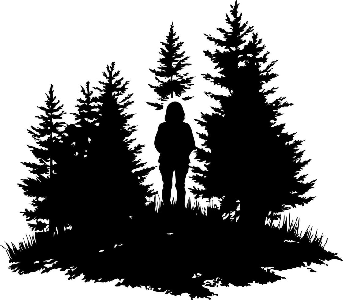 Silhouette Woman in Pine Forest Illustration for Art and Decoration vector