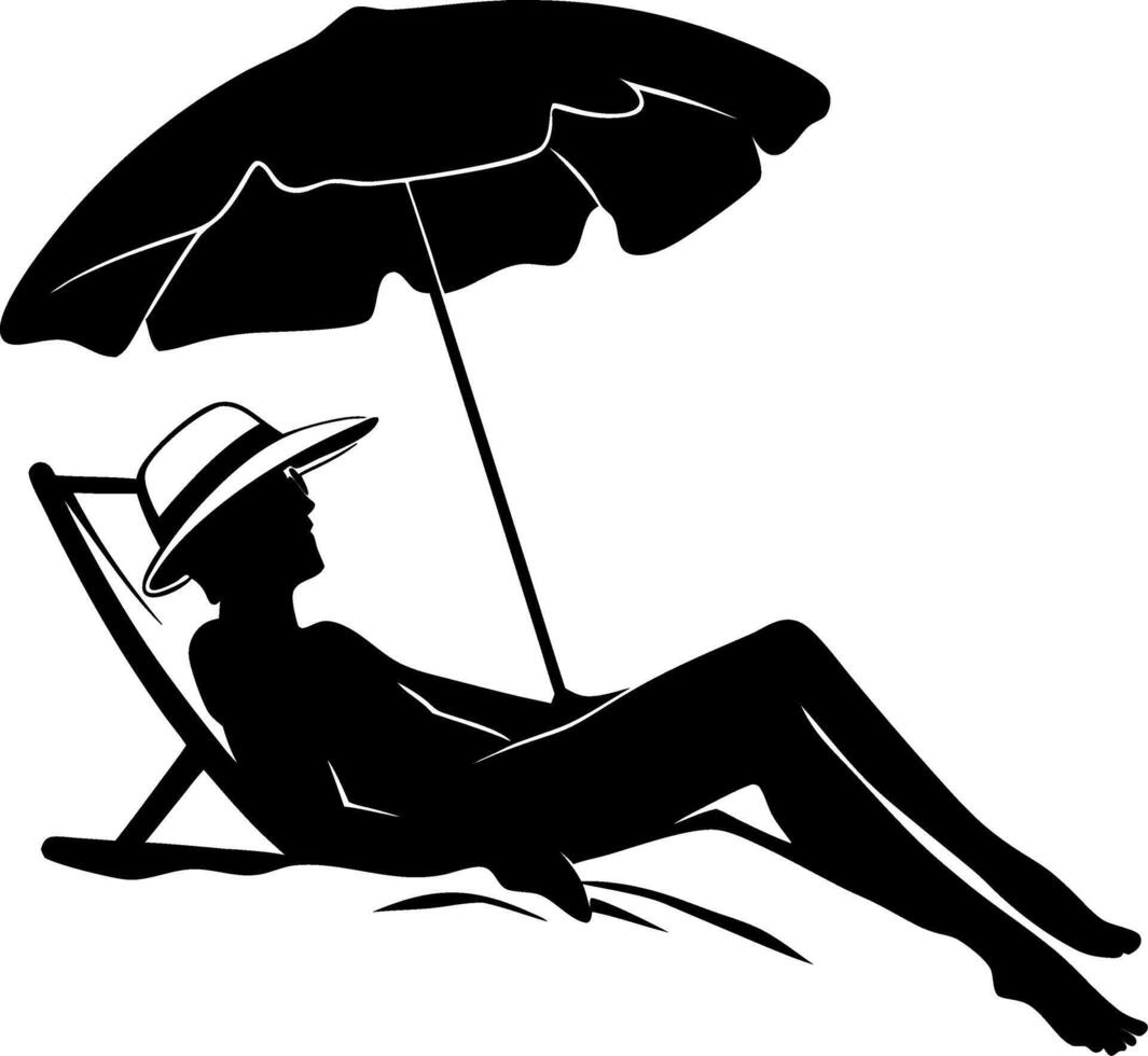 Silhouette Woman Relaxing on Beach Chair Under Umbrella Summer Vacation vector