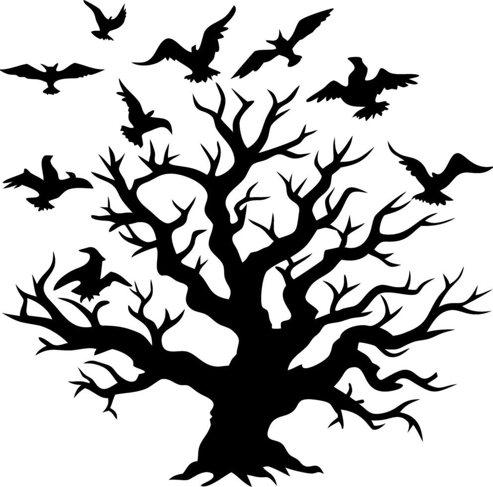 Silhouetted Tree with Flying Birds Graphic for Tattoos and Designs vector