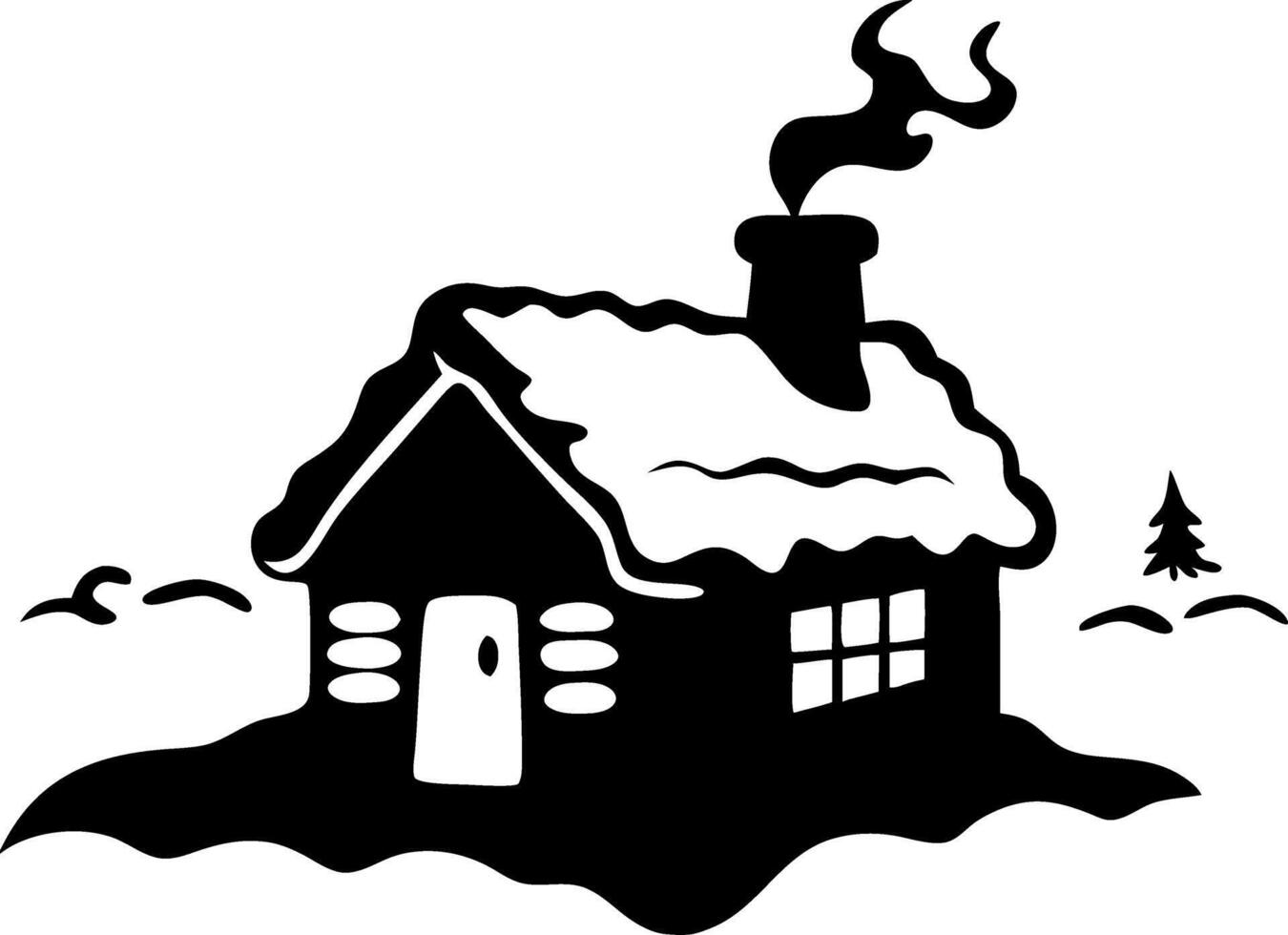 Snowy Winter Cabin Silhouette with Smoke from Chimney for Holiday Designs and Crafts vector