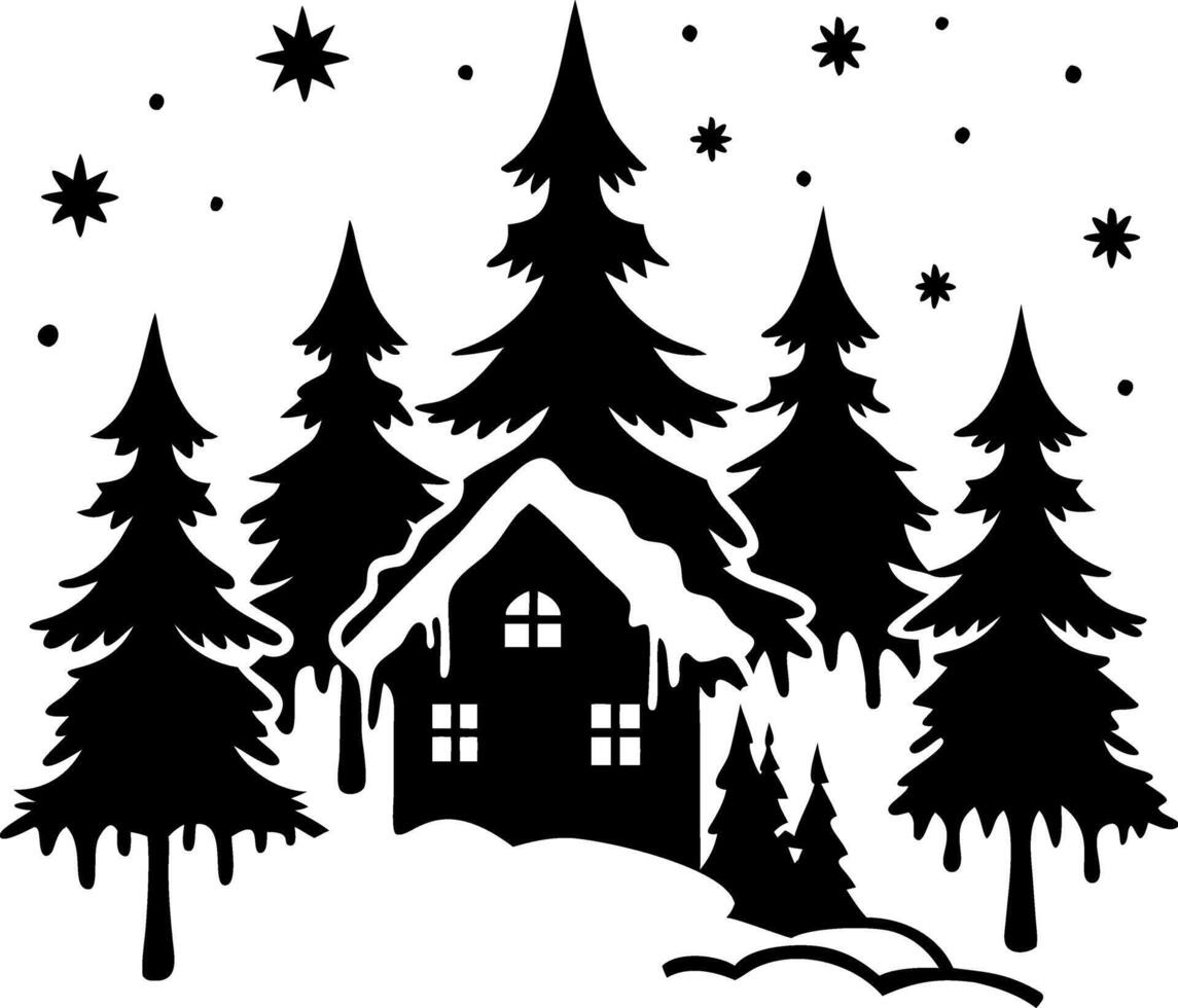 Snowy Winter Cabin Surrounded by Pine Trees Under Starry Night vector