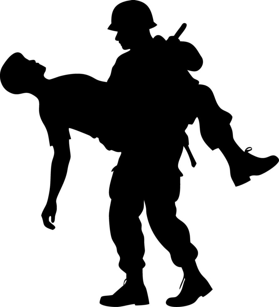 Soldier Carrying Injured Comrade Silhouette for Military Heroism Art vector