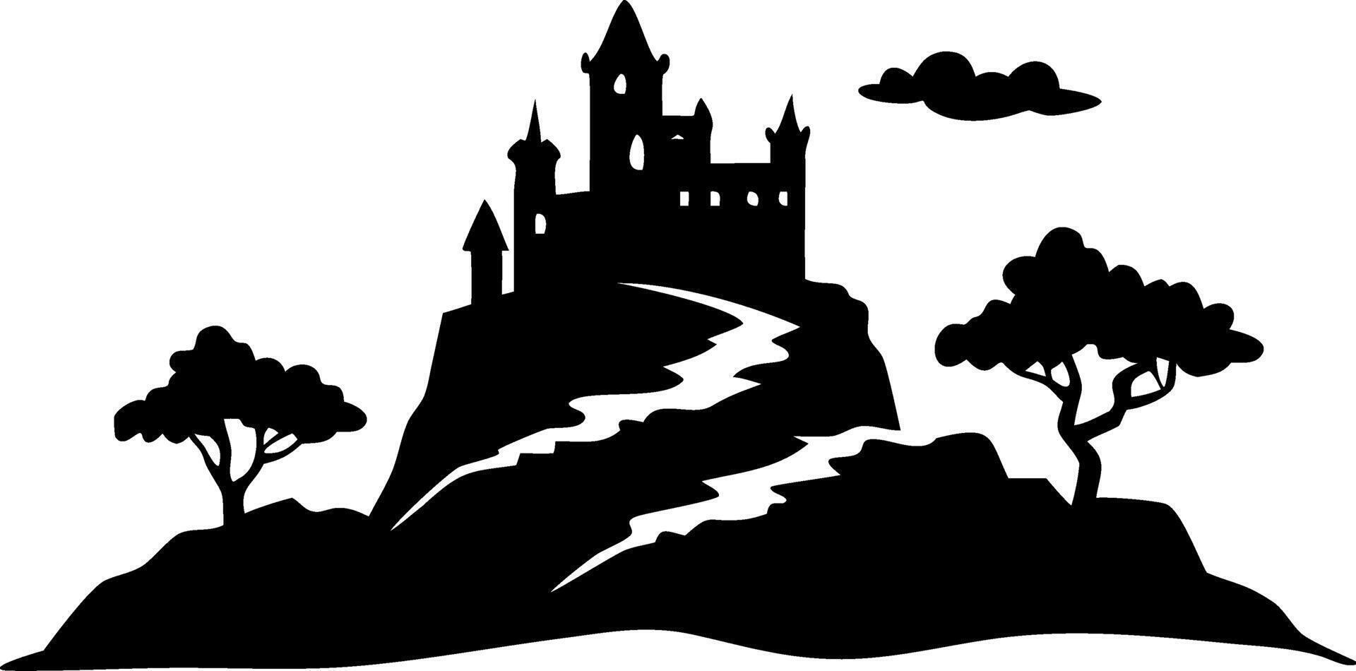 Spooky Castle Silhouette on Hill with Trees and Clouds Illustration vector
