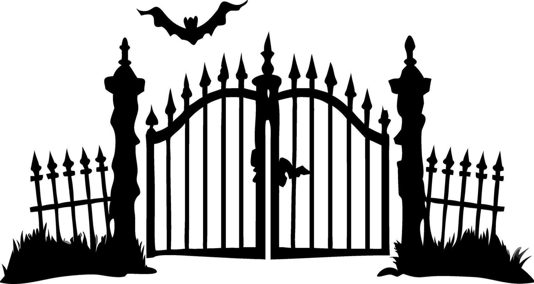 Spooky Gothic Cemetery Gate Silhouette with Bat for Halloween Design vector