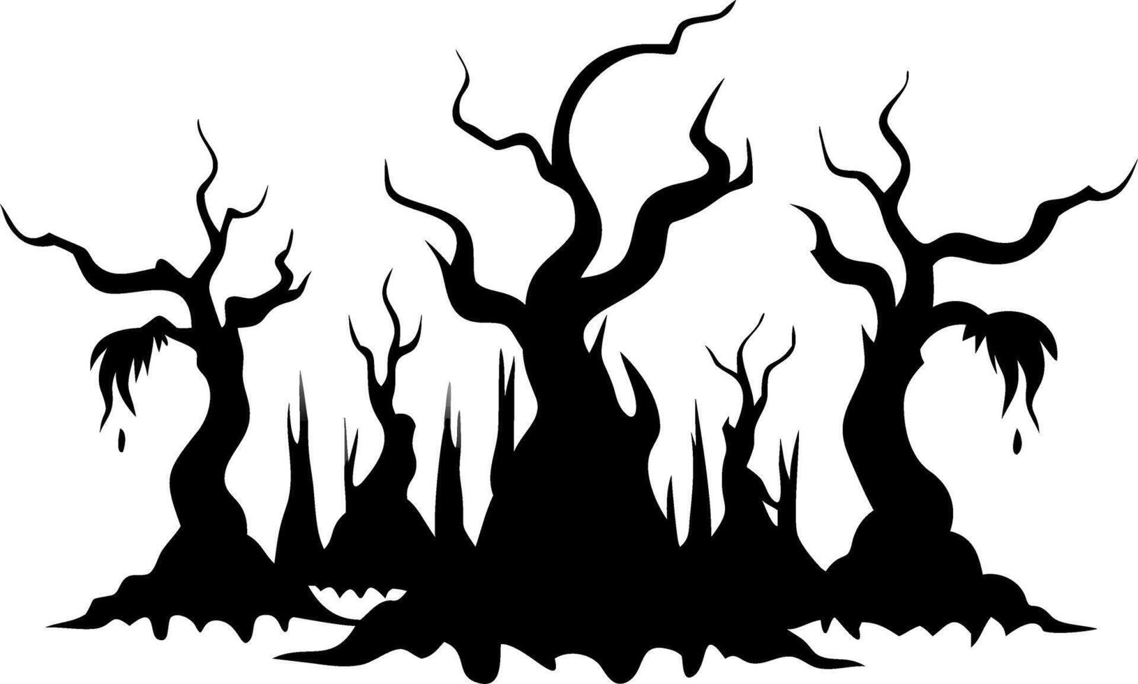 Spooky Halloween Silhouette of Twisted Bare Trees in Creepy Forest Art vector