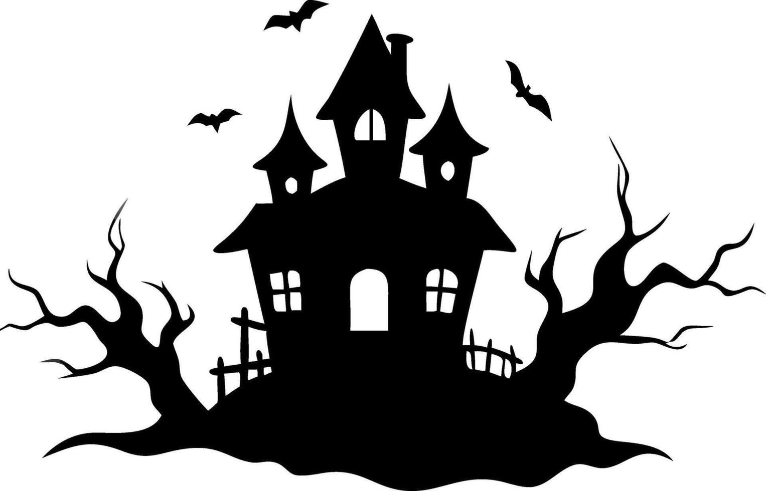 Spooky Haunted House Silhouette with Bats and Trees for Halloween Design Projects vector