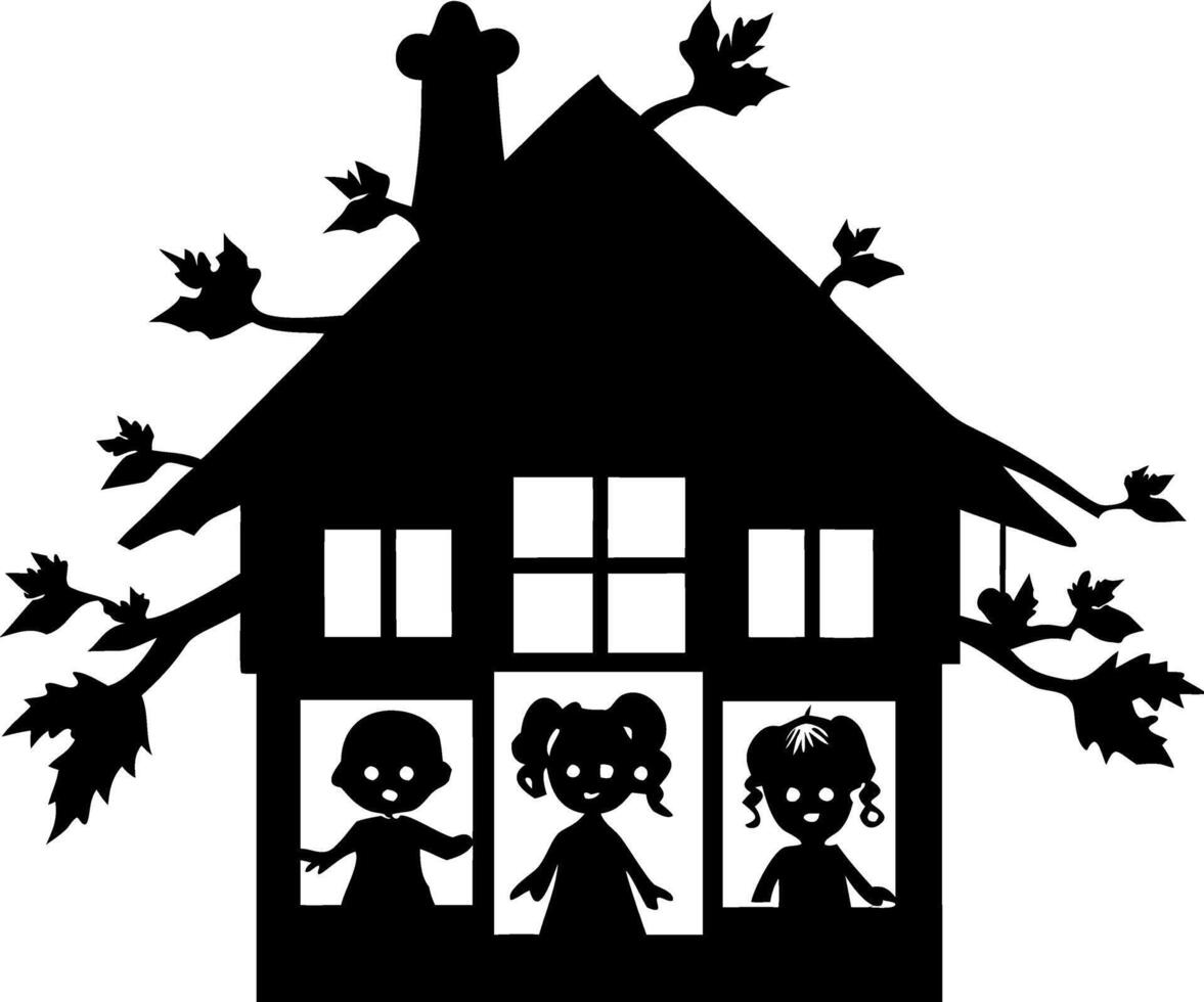 Spooky Haunted House Silhouette with Children in Windows for Halloween Designs vector