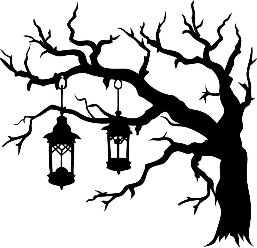 Spooky Tree Silhouette with Hanging Lanterns for Halloween Art and Decorations vector