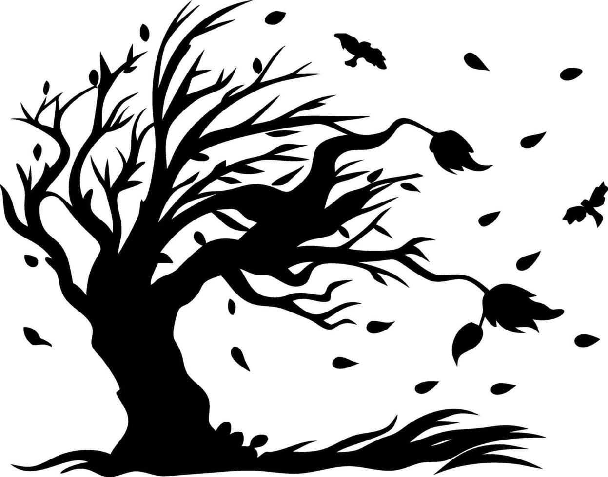 Spooky Silhouette of Windblown Tree with Leaves and Flying Birds Art vector