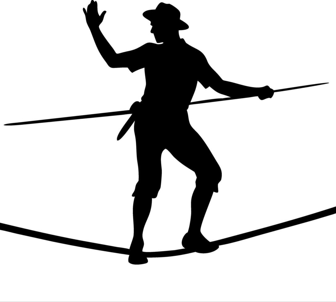 Tightrope Walker Silhouette Illustration Man Balancing Pole Circus Performer Art vector