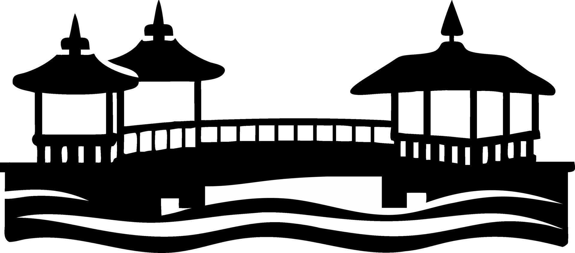 Traditional Asian Bridge with Pagodas Silhouette for Decorative Design vector