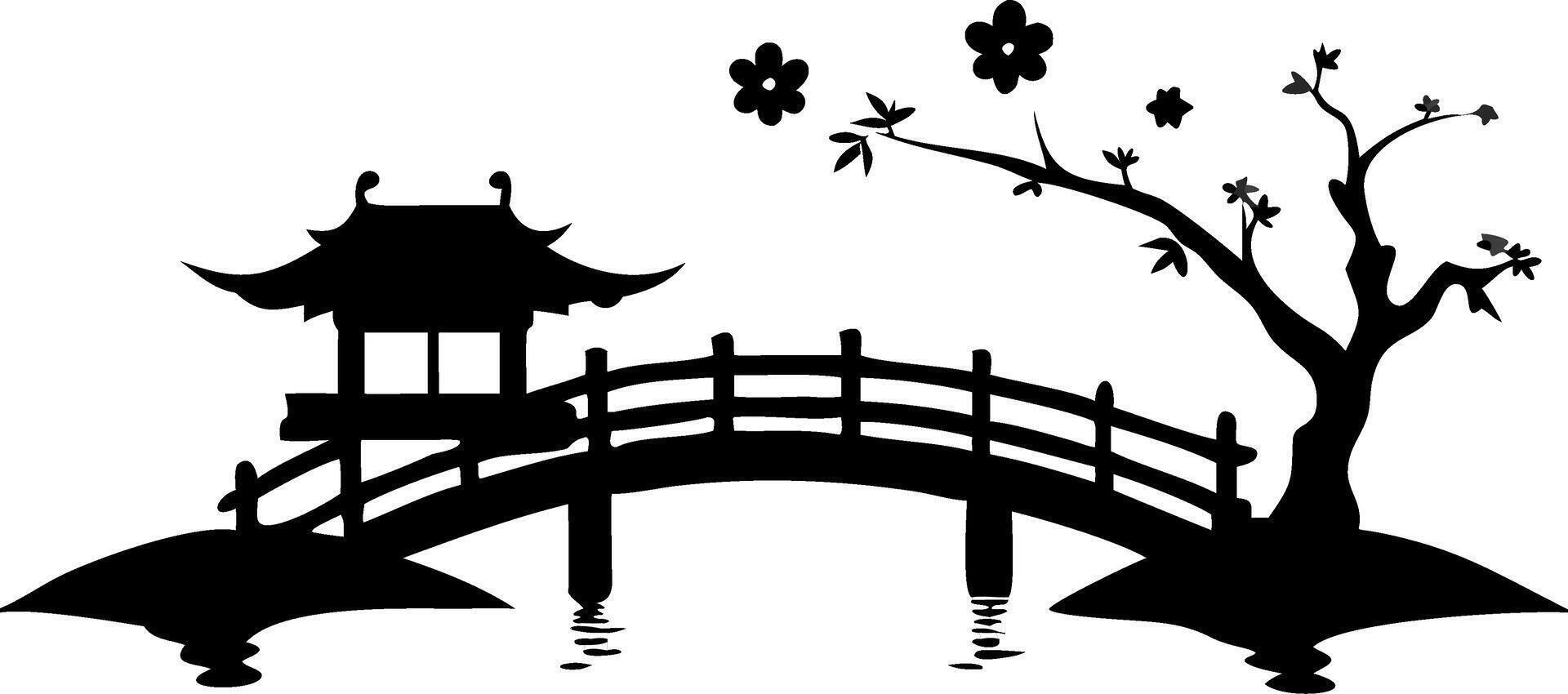 Traditional Japanese Garden Bridge Silhouette with Pagoda and Cherry Blossom Tree Art vector