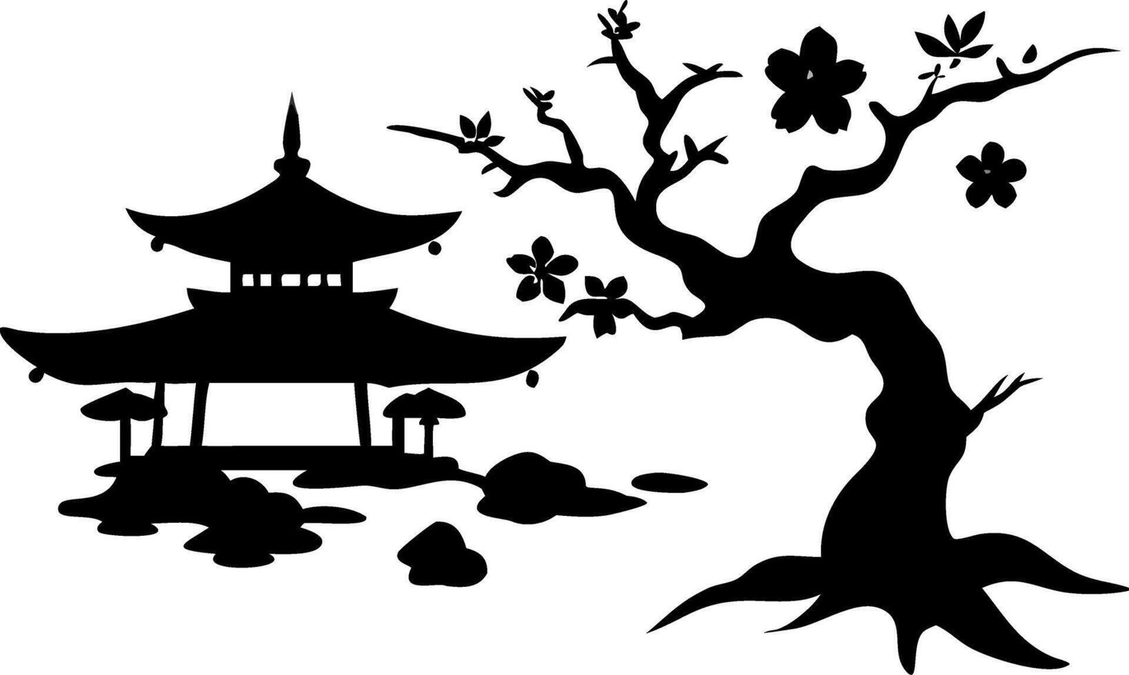 Traditional Japanese Pagoda and Cherry Blossom Silhouette for Art and Design vector