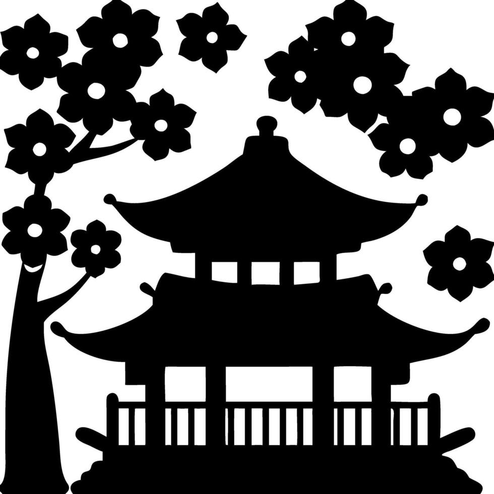 Traditional Pagoda and Cherry Blossom Silhouette Illustration vector