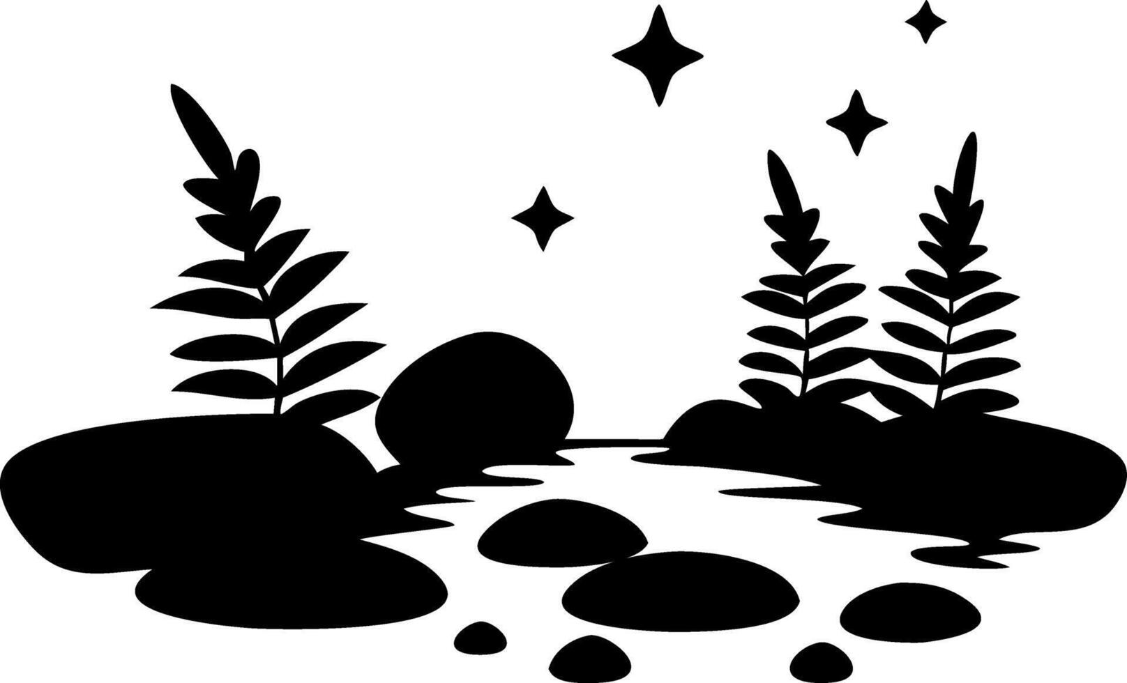 Tranquil Nighttime Riverbank Scene with Rocks Stars and Foliage Illustration vector