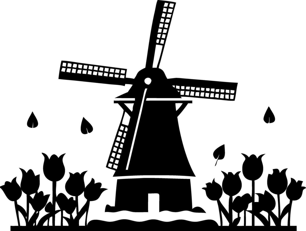 Traditional Windmill with Tulips Silhouette for Art and Design vector