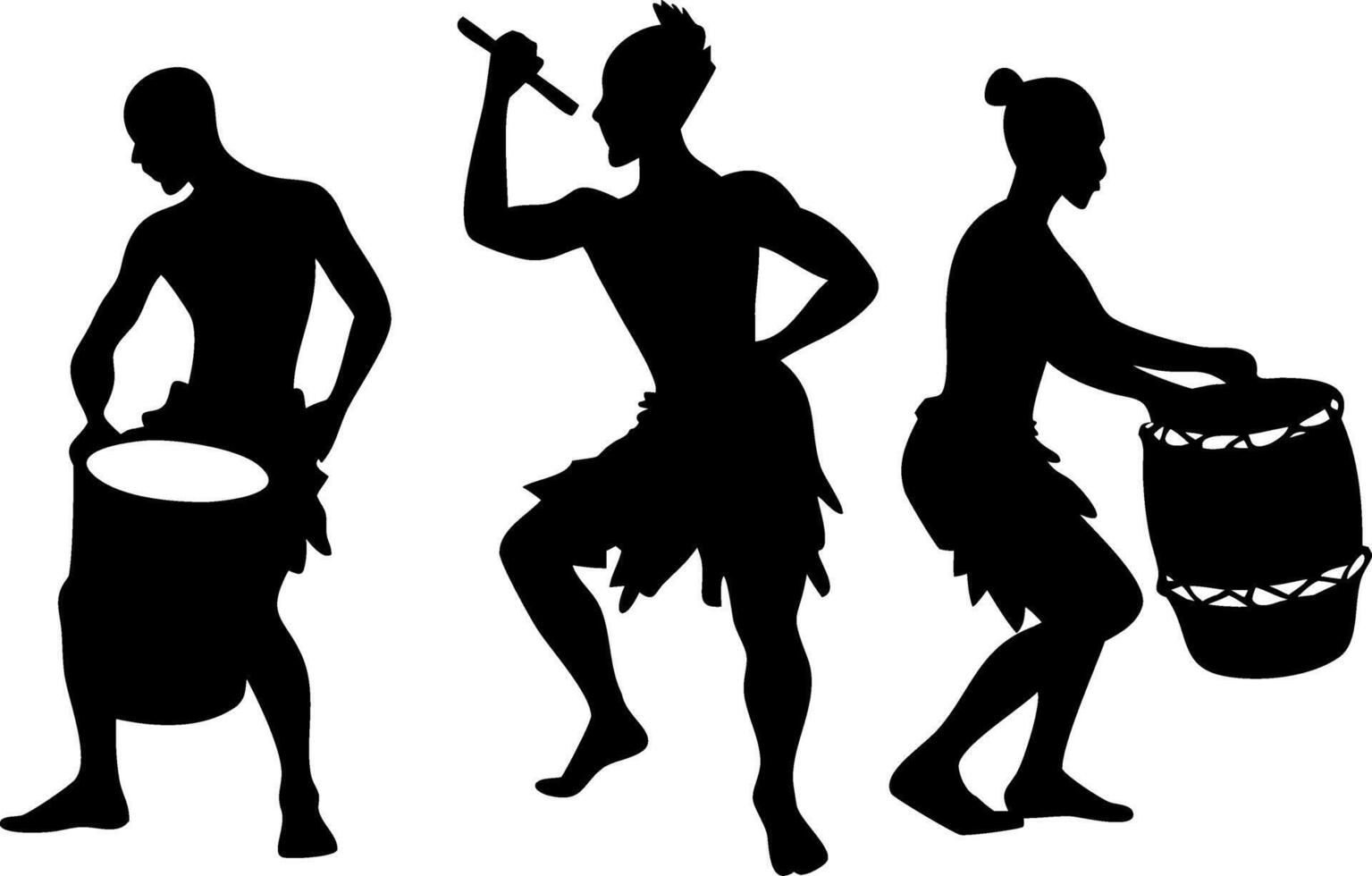 Tribal Drummers Silhouette Playing Traditional Percussion Instruments for Cultural Art Design vector
