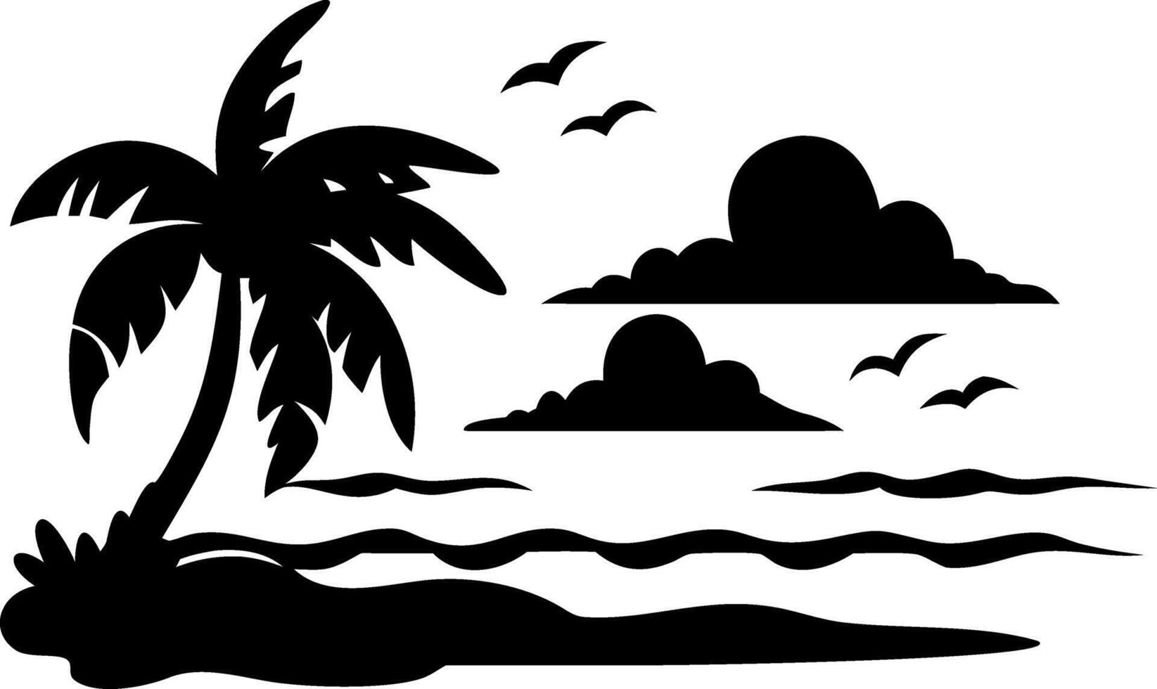 Tropical Beach Silhouette with Palm Tree and Birds for Wall Art or Tattoo Design vector