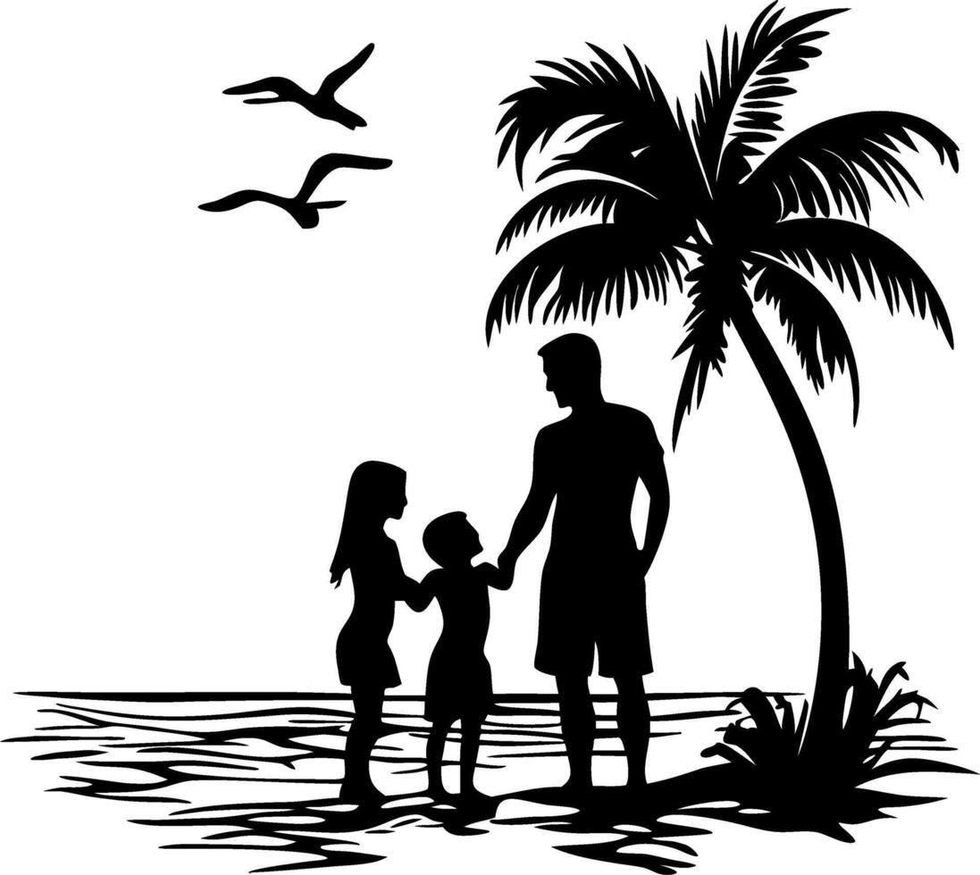 Tropical Family Silhouette with Palm Tree and Birds at Beach Sunset vector