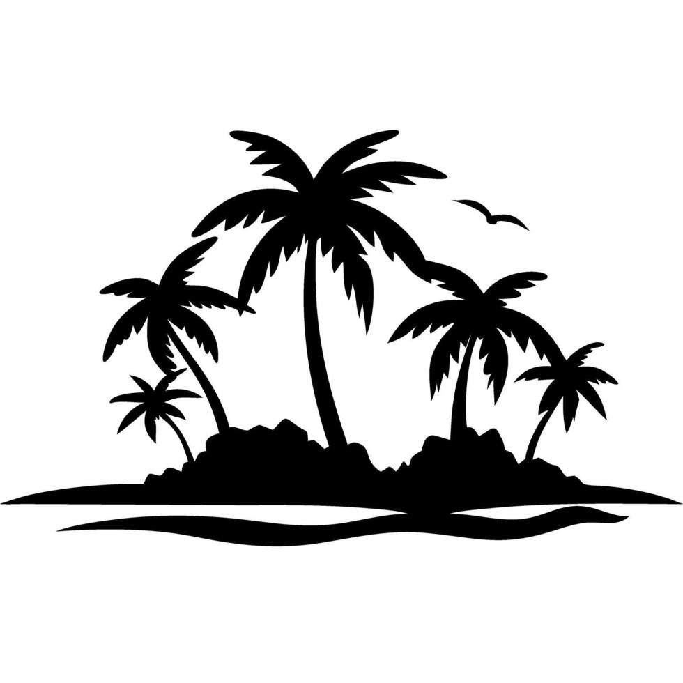 Tropical Island Silhouette with Palm Trees and Bird Illustration vector