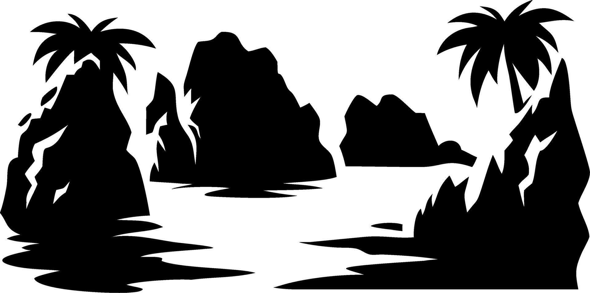 Tropical Island Silhouette with Palm Trees and Rocky Landscape Art vector