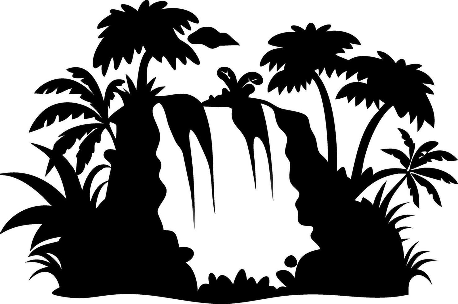 Tropical Jungle Silhouette with Waterfall and Palm Trees for Nature Illustrations vector