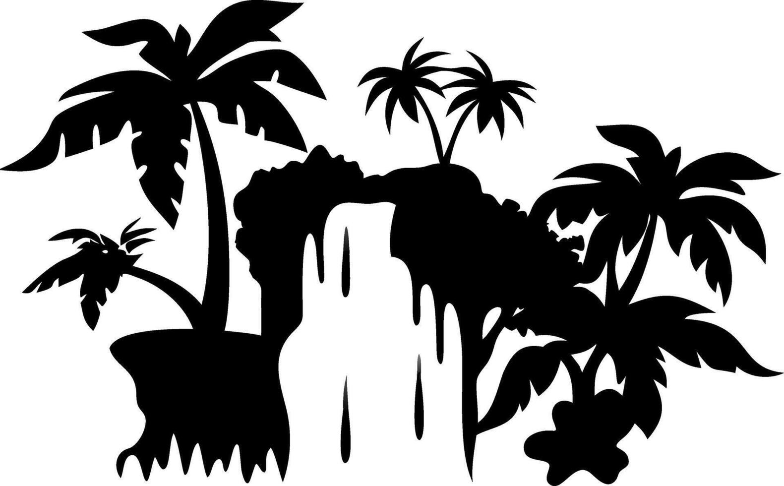 Tropical Jungle Silhouette with Waterfall for Graphic Design and Tattoos vector