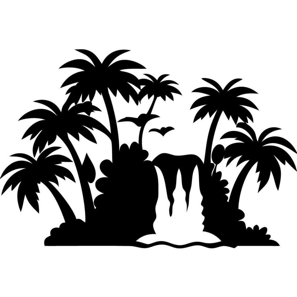 Tropical Paradise Silhouette with Palm Trees and Waterfall vector