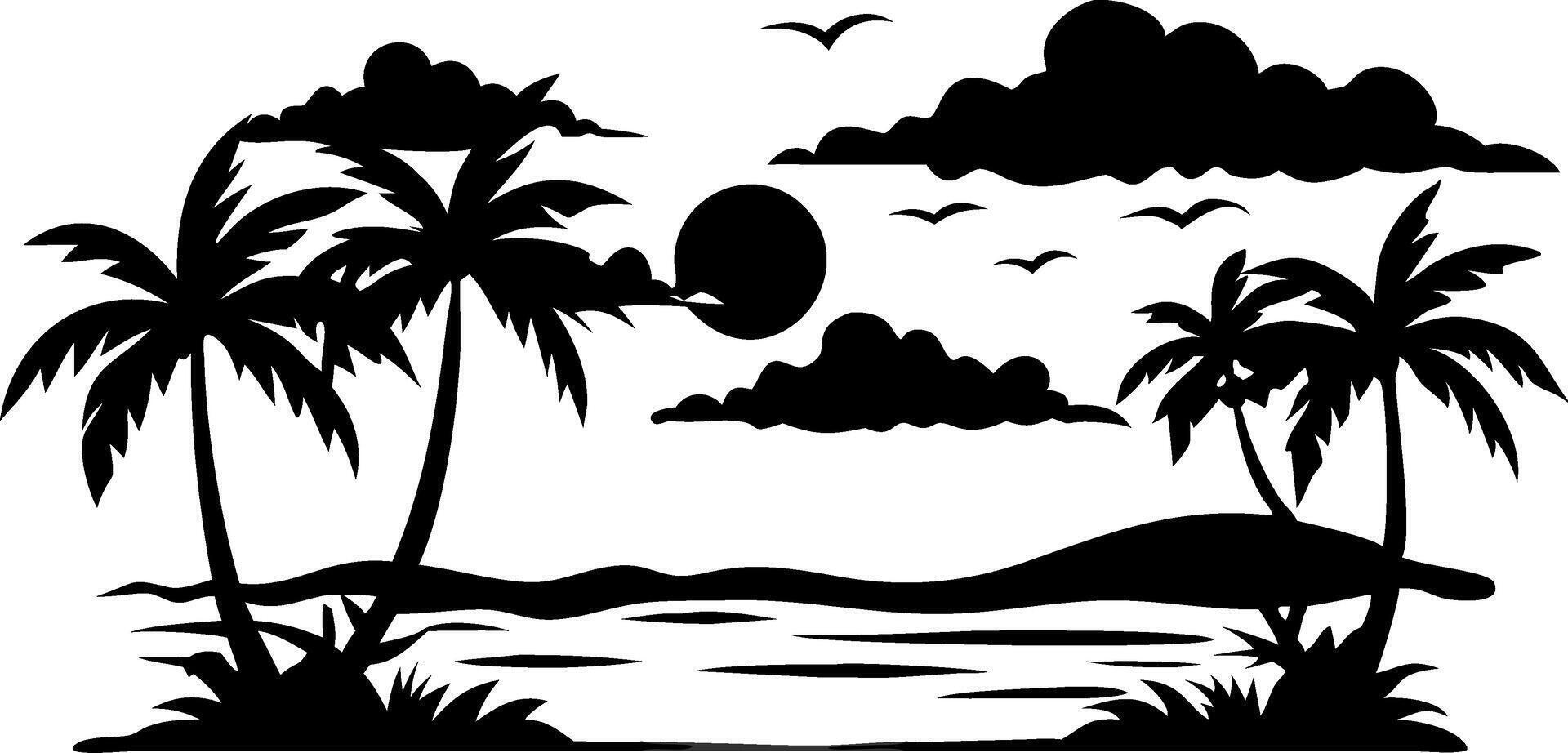 Tropical Sunset Silhouette with Palm Trees and Birds Illustration vector