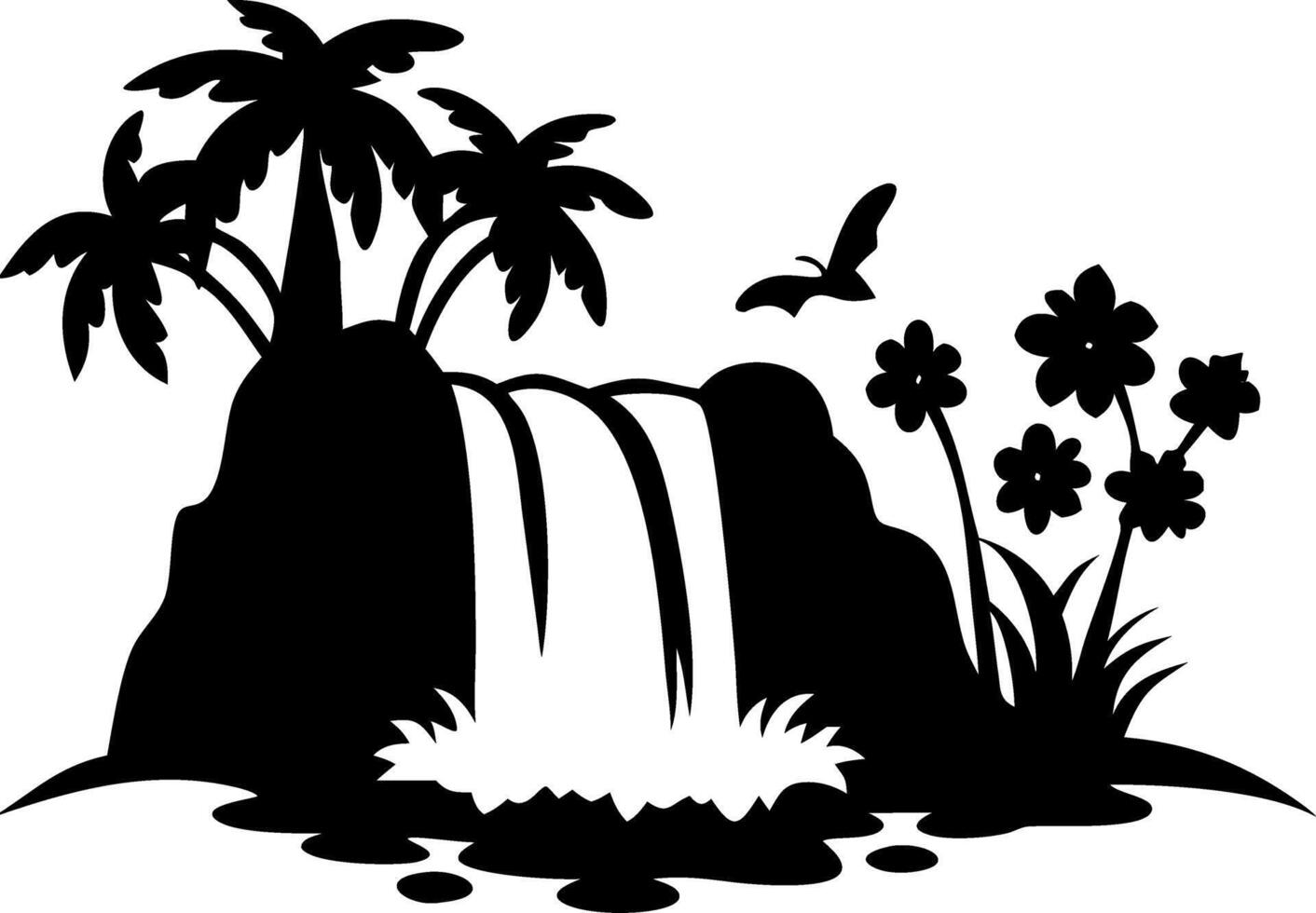 Tropical Waterfall Silhouette with Palm Trees and Flying Bird Art vector