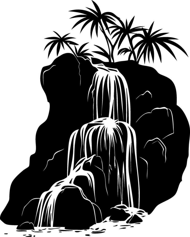 Tropical Waterfall Silhouette with Palm Trees Illustration for Art and Design vector