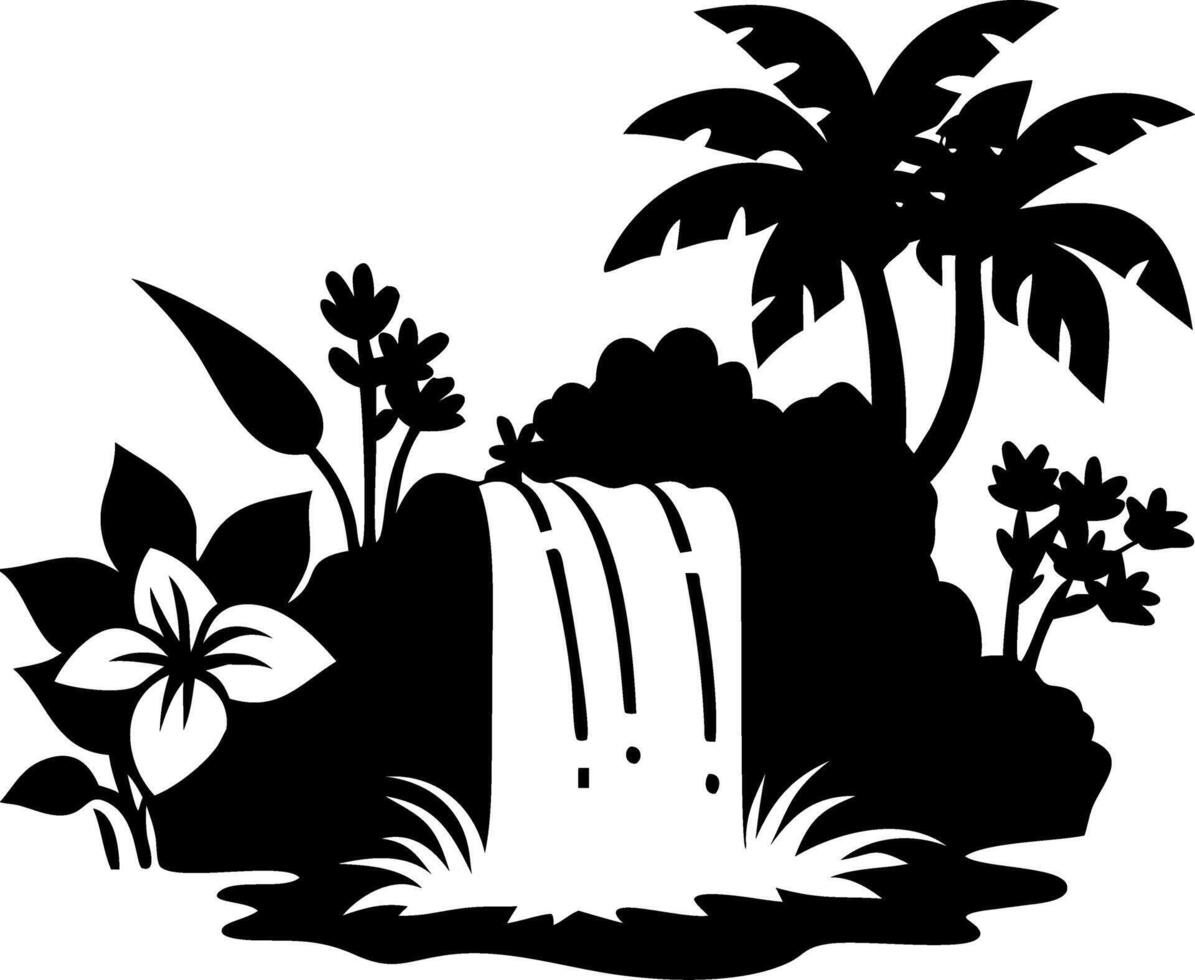Tropical Waterfall Silhouette with Palm Trees and Flowers Art vector
