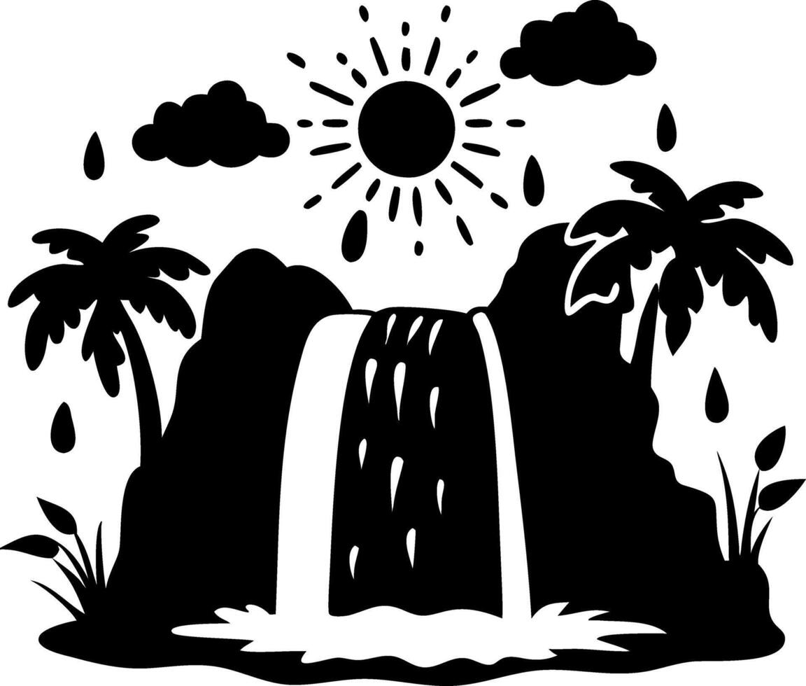 Tropical Waterfall with Sun and Palm Trees Art for Nature Designs vector