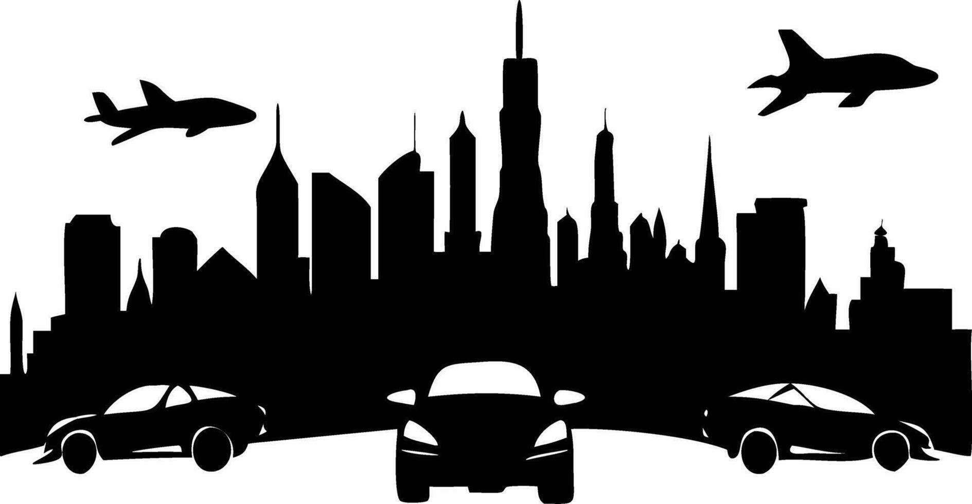 Urban Cityscape Silhouette with Cars and Airplanes Art vector
