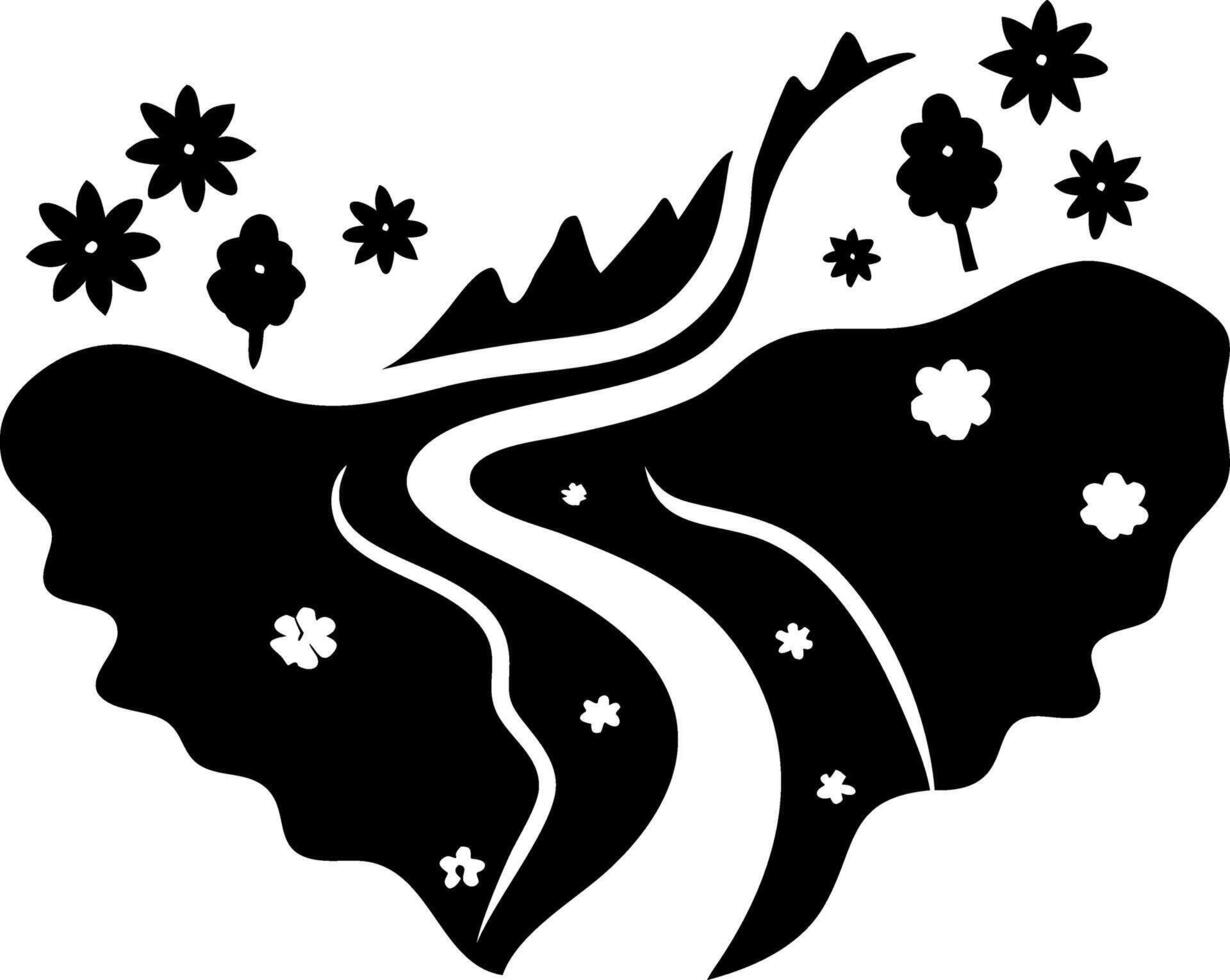 Abstract Mountain Landscape with River and Flowers Silhouette Design vector