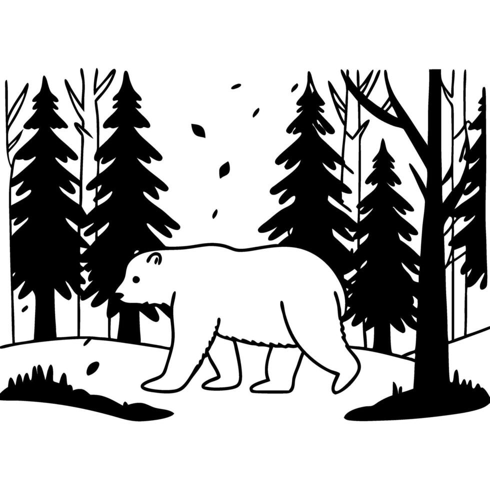 Illustration Bear Silhouette Walking Among Forest Trees Nature Scene Art vector
