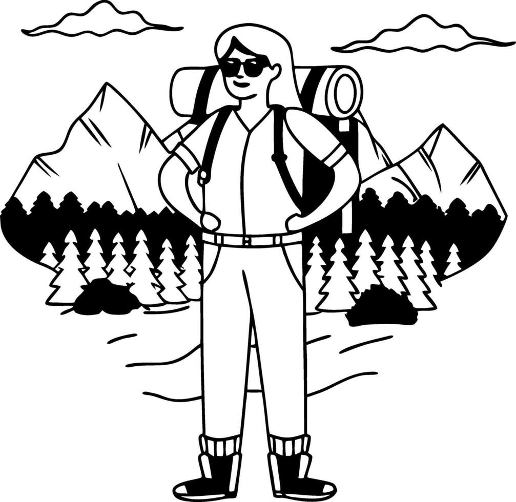 Illustration Happy Hiker Mountain Backpacking Adventure Outline vector