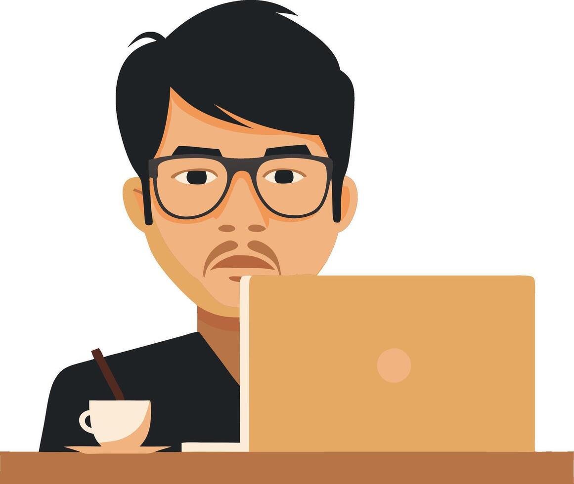 Illustration Man Working on Laptop at Desk with Coffee Cup for Web or Print Design vector
