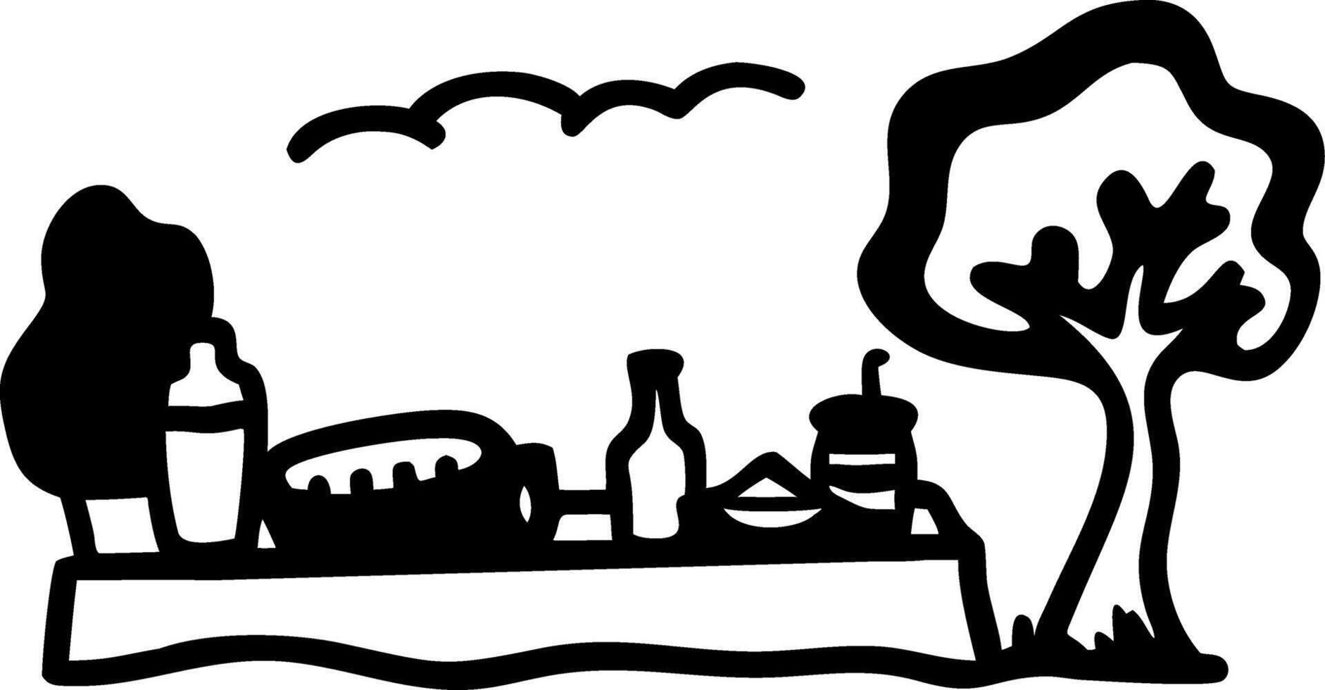 Illustration Simple Outdoor Picnic Scene with Trees and Food Items vector