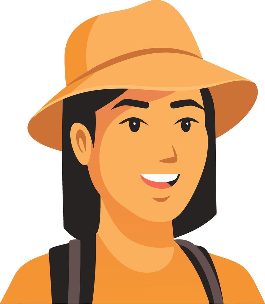 Illustration Smiling Traveler Woman in Adventure Hat Perfect for Travel Guides and Blogs vector