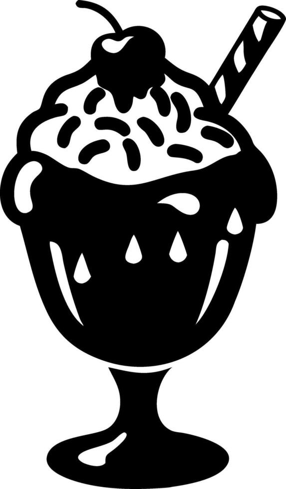 Silhouette Ice Cream Sundae with Cherry and Straw in Dessert Glass vector