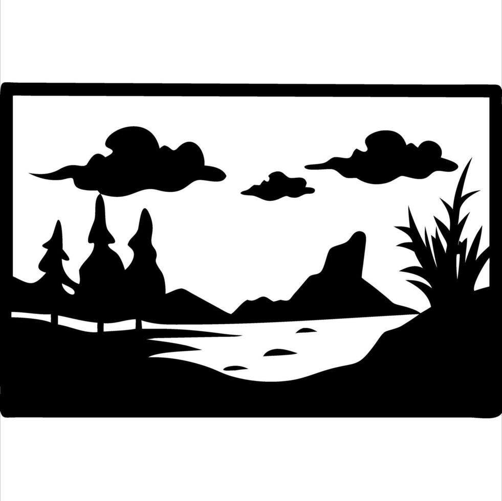 Silhouette Landscape with Trees Mountains and Lake for Wall Art and Coloring vector