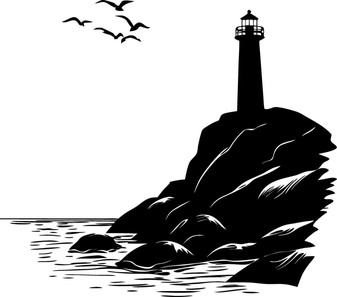 Silhouette of Lighthouse on Rocky Coastal Cliff with Birds for Nautical Designs vector