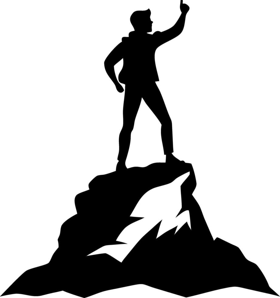 Silhouette of Triumphant Man Standing on Mountain Peak for Inspirational Design vector