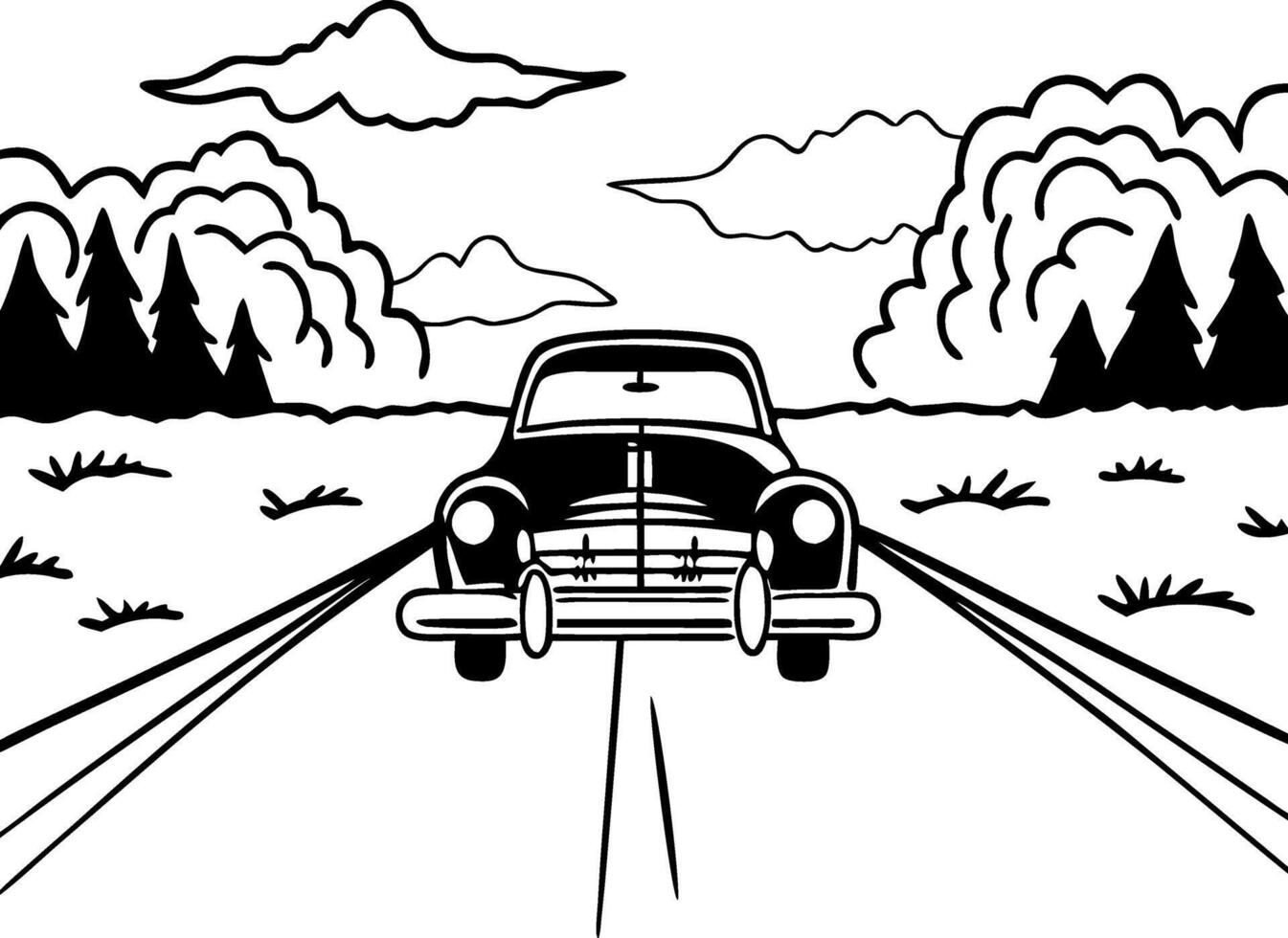 Vintage Car Driving on Open Road with Scenic Forest Backdrop Art vector