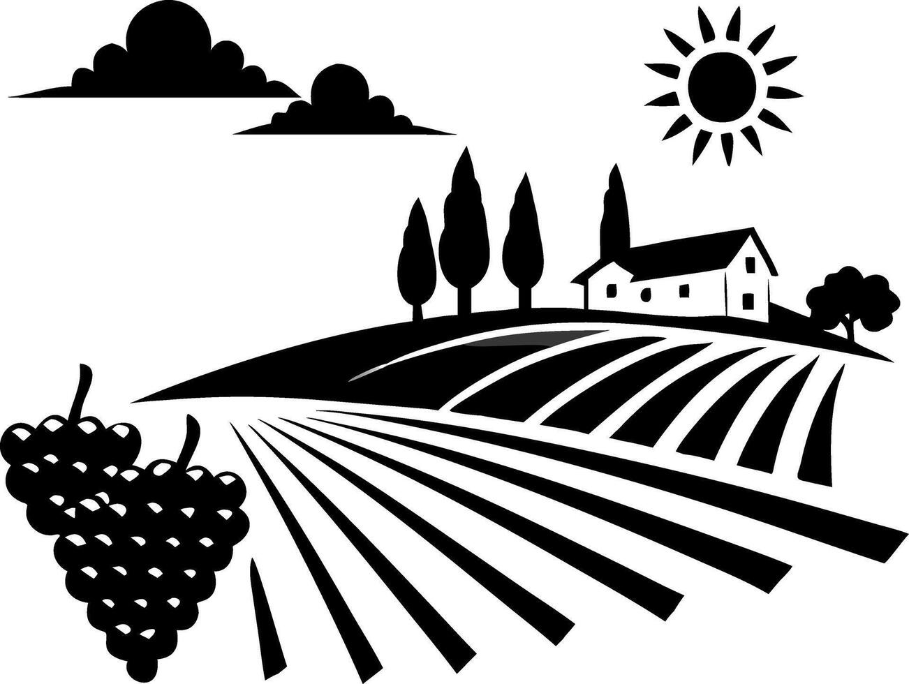 Vineyard Landscape with Farmhouse and Grapes for Art and Decoration vector