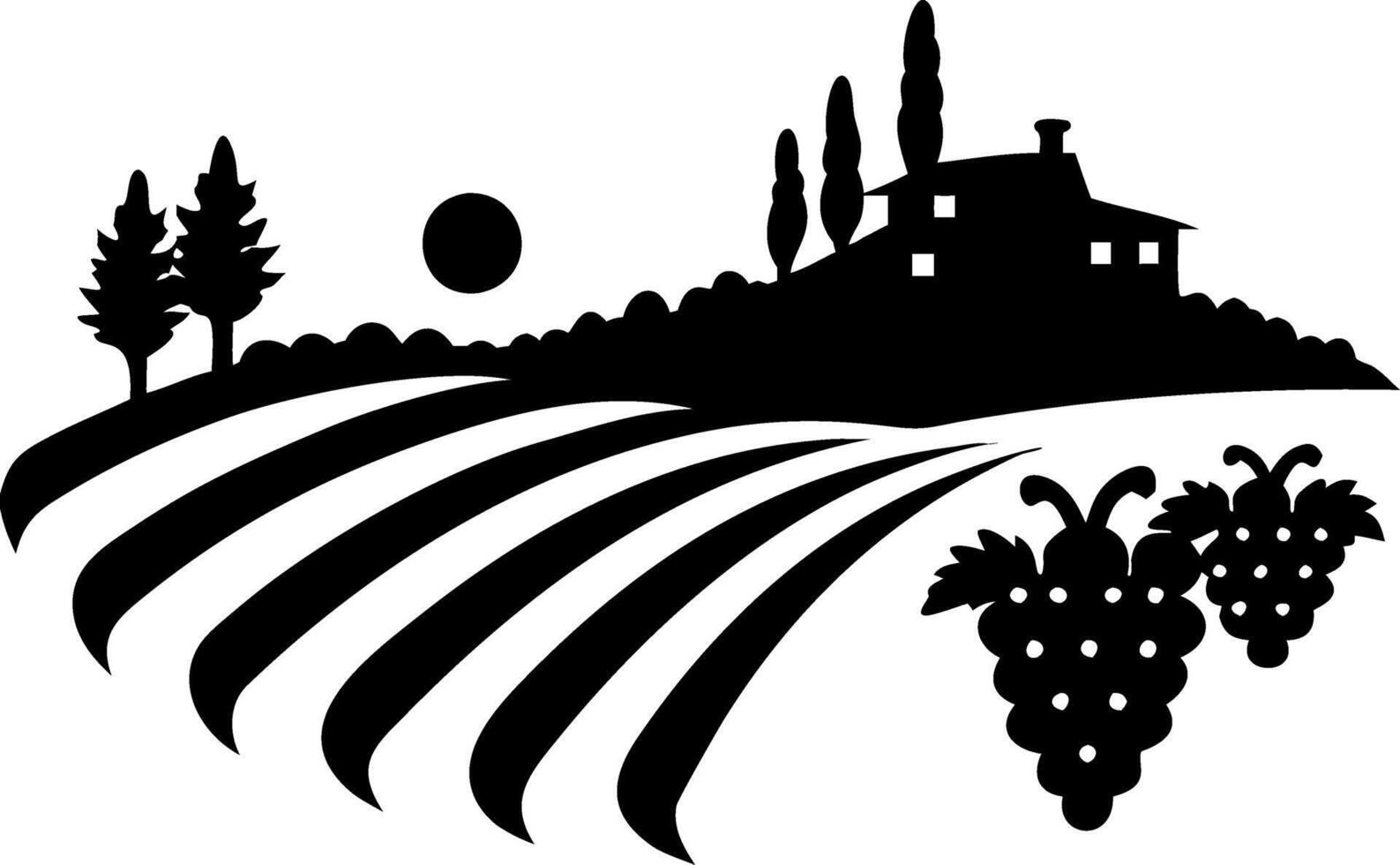 Vineyard Countryside Silhouette with Grapes and Farmhouse Illustration vector