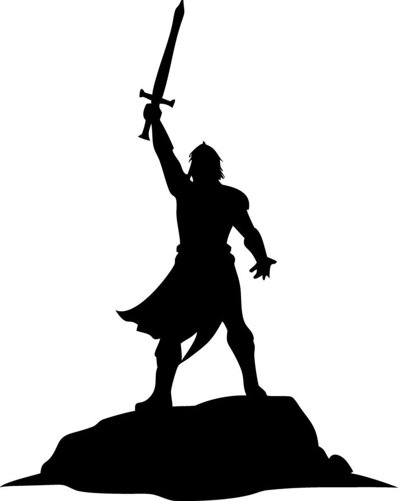 Warrior Silhouette Sword Raised Heroic Pose for Tattoo and Poster Art vector
